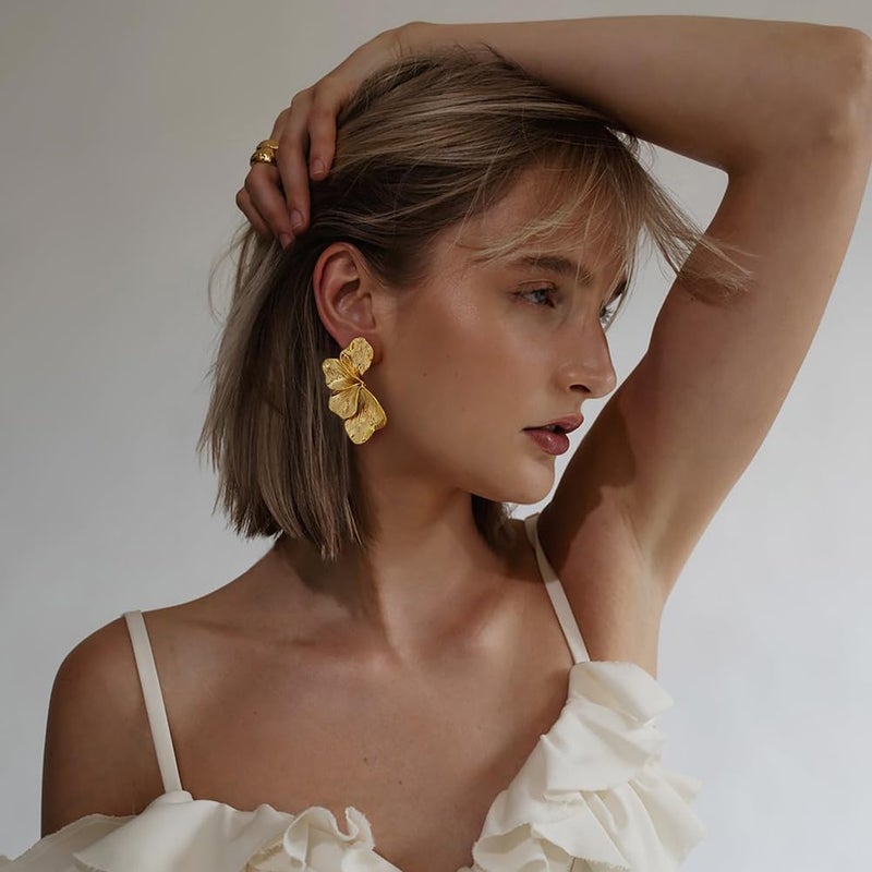 FAUTHENTICUTE Chunky Gold Statement Earrings For Women Gold Plated Sectored Flower Leaf Shell Angel Wing Earrings Large Stud Earrings Hypoallergenic Earrings - Image 3